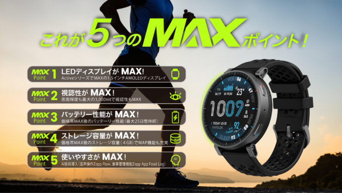 Amazfit Active Maxを徹底レビュー！3,000nit・25日間駆動・GPT 4.0搭載で3万円以下の衝撃